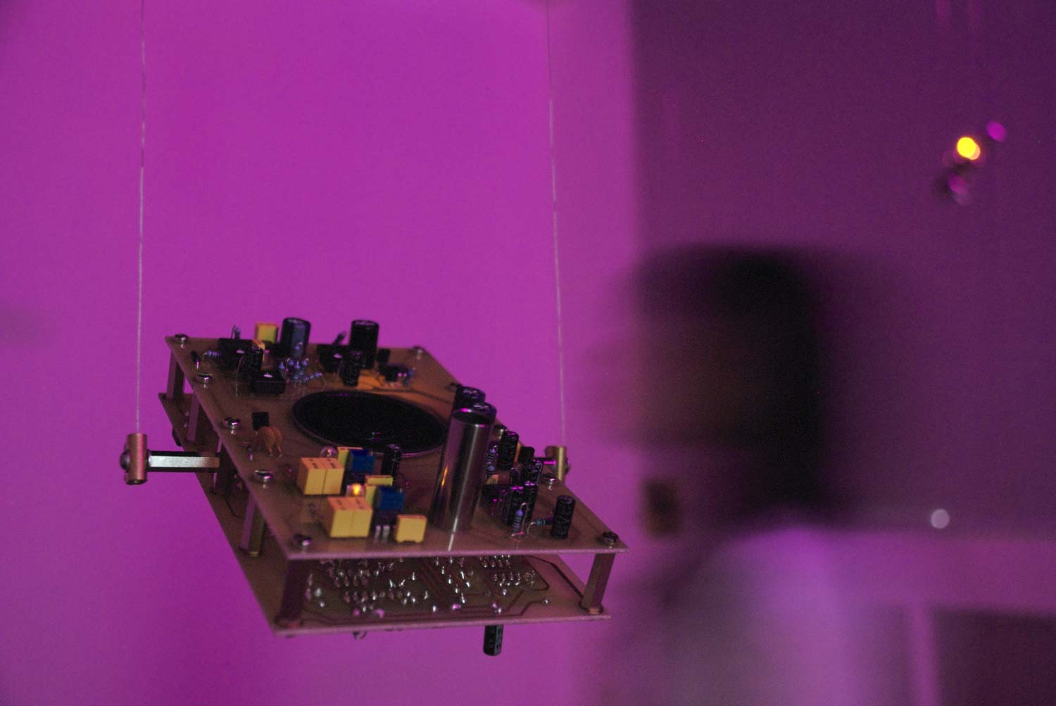 Evolving Sonic Environment III at Netherlands Media Art Institute, 2007; Sound paths are altered by people in the space; their presence may obstruct or absorb the sound and so the neurons fall into changing resonance patterns as they respond to their changing inputs